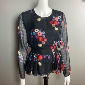Tanya Taylor peplum top in a floral poppy print long sleeve silk size 2